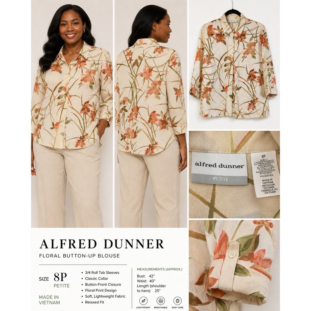 Alfred Dunner Petite 8P Floral Button Front Blouse 3/4 Sleeve Lightweight